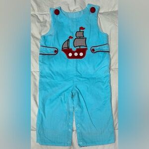 Shrimp & Grits Kids corduroy overalls with pirate ship applique sz 12 months EUC